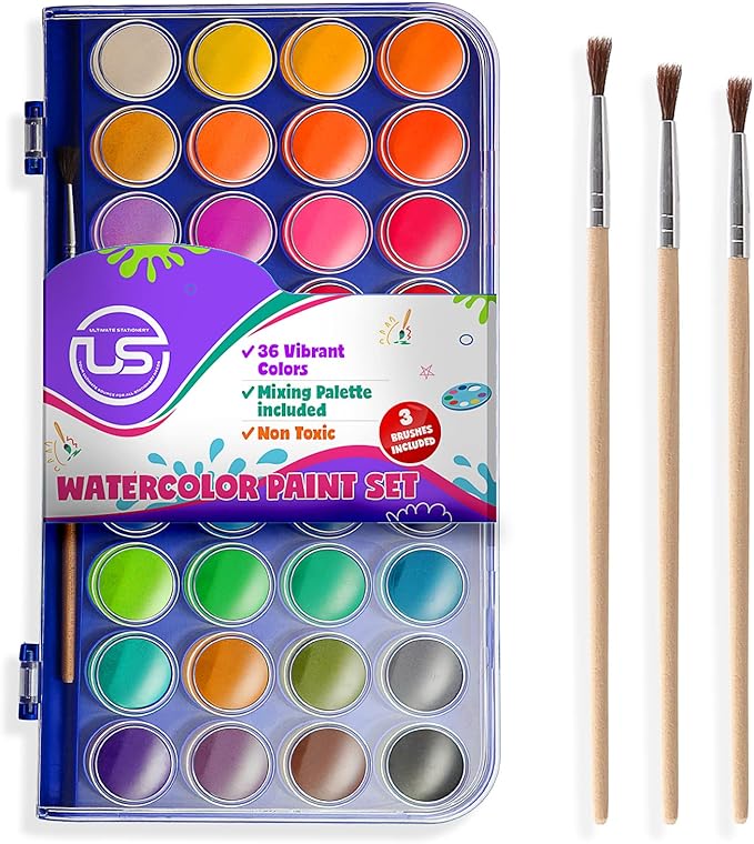 Watercolor Paint Set, 36 Colors of Washable Watercolor Paint Includes Watercolor Palette and 3 Paint Brushes. Great Water Color kids paint