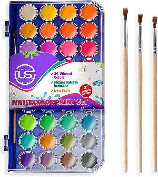Watercolor Paint Set, 36 Colors of Washable Watercolor Paint Includes Watercolor Palette and 3 Paint Brushes. Great Water Color kids paint