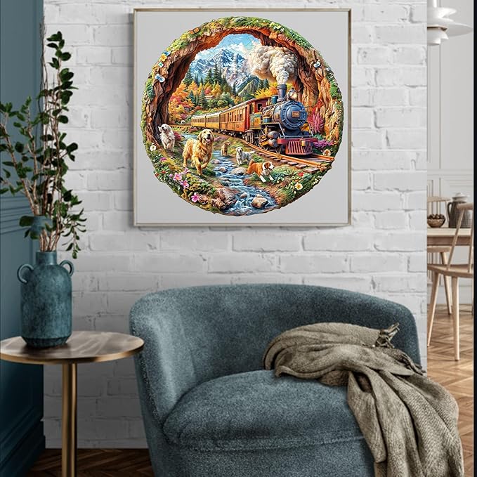 KAAYEE Wooden Puzzles for Adults, Dogs Racing Against Trains Wooden Jigsaw Puzzle 450 PCS Unique Shape Wood Puzzle Adult, 3D Visual Effect Flat Puzzle Birthday Family Games (XL-17.3 * 17in)