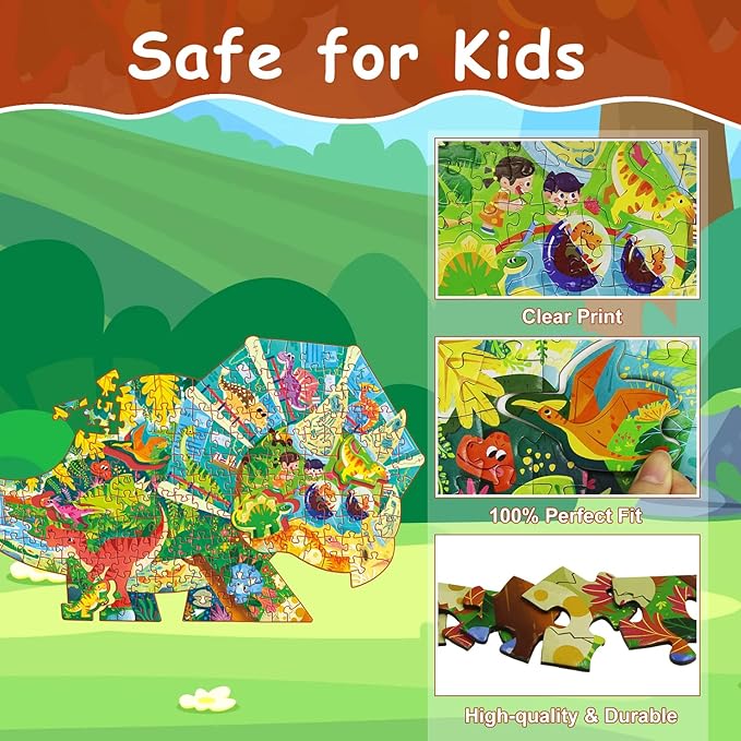 Dinosaur Puzzles for Kids Ages 6-8 200 Piece Triceratops Jigsaw Puzzles Unique Animal Shape Floor Puzzle Ages 8-10 Learning Educational Toys Birthday Gift for Boys Girls Ages 10-12