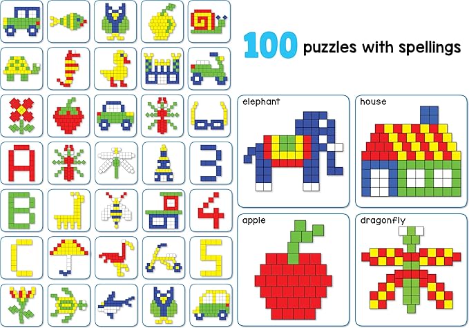 New Magnetic Puzzles : Squares - Includes 250 Colorful Magnets Pieces 100 Puzzle Book Magnetic Board and Display Stand