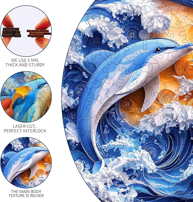 Wooden Jigsaw Puzzle, 200-500 Pieces Unique Shape Animal Puzzle, for Adults & Kids, Birthday Gift Family Game, Decorative Puzzle, Unique Gift (Dolphin Rhapsody, 200 PCS)