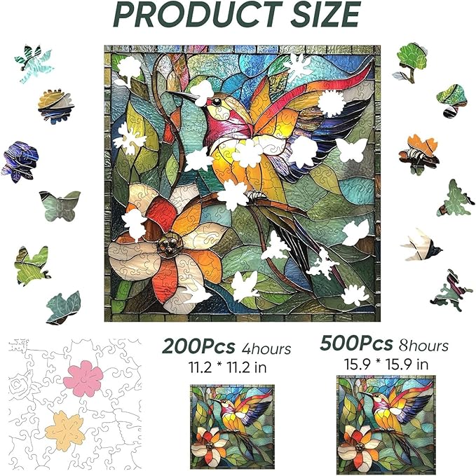 Wooden Puzzle for Adults, Stained Glass Hummingbird Puzzle, Unique Animal Shape Puzzles, Bird Jigsaw Puzzles for Adults, Christmas for Family Friend(11.1 * 11.2 in-200pcs)