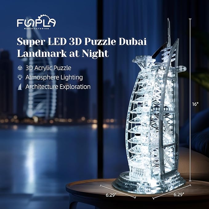 LED 3D Puzzle for Adults – 3D Wood Puzzle Architecture Building Model Kit – Super LED Dubai Landmark at Night – 3D Puzzles Home Décor Gift,Silver