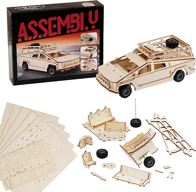 SIGHTEEDA Cyber Truck 3D Wooden Puzzle - 92 Pcs Pull-Back Car STEM Model Kit, DIY Building Toys for Kids & Teens Ages 6-12 | Creative Gift Idea