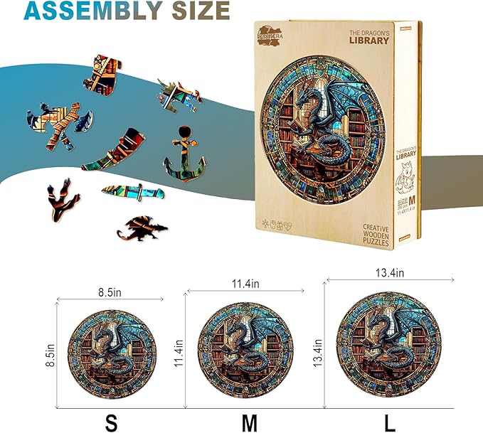 Wooden Puzzles for Adults - The Dragon's Library Wooden Jigsaw Puzzle, Unique Animal Shaped Wood Puzzles Adult, Christmas Birthday Gifts for Friends/Family, Home Decor 13.4 * 13.4in 300pcs