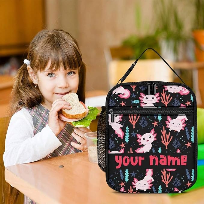 Custom Axolotl Lunch Box - Cute Reusable Axolotl Lunch Bag for Women Men Kids - Small Portable Foldable Insulated Lunchbox for School Work Picnic