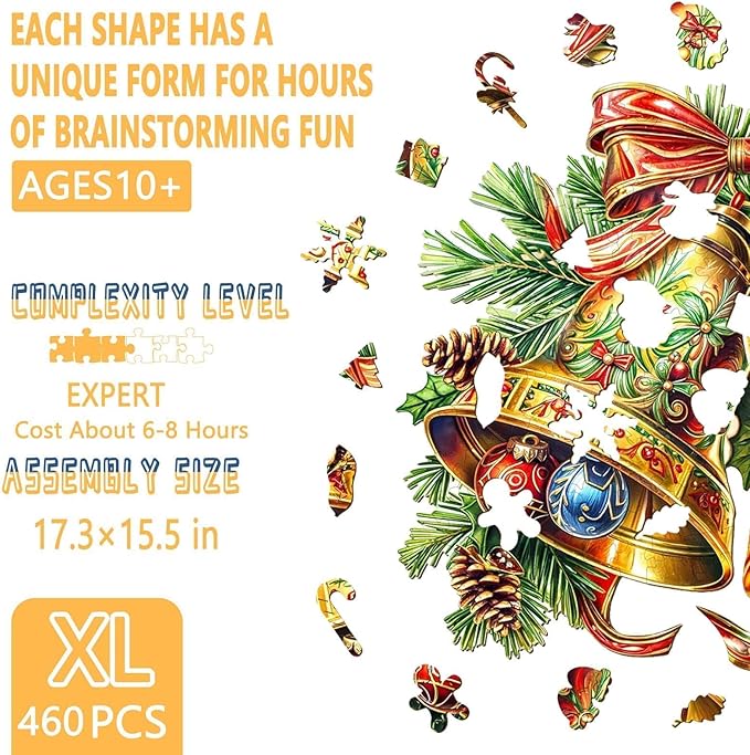 Wooden Puzzles for Adults, Bells Wood Puzzles Adult, Wooden Jigsaw Puzzles for Adults, Holiday Winter Puzzle, Unique Animal Shape, Gifts for Friends and Family (XL-17.3 * 15.5in)