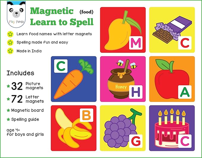Magnetic Educational Toys for Kids Aged 3 4 5 6 – Learn to Spell Foods| 104 Magnet Pieces – 32 Picture & 72 Letter with Magnetic Board & Spelling Game Guide | Preschool Learning Toy for Girls & Boys