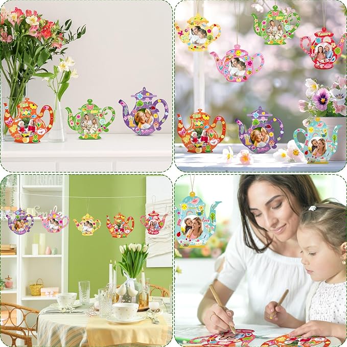 Jetec 48 Packs Mother's Day DIY Craft Kits DIY Teapot Keepsake Picture Frame Craft Gifts with Stickers for Spring Mother's Day Party Home Activities