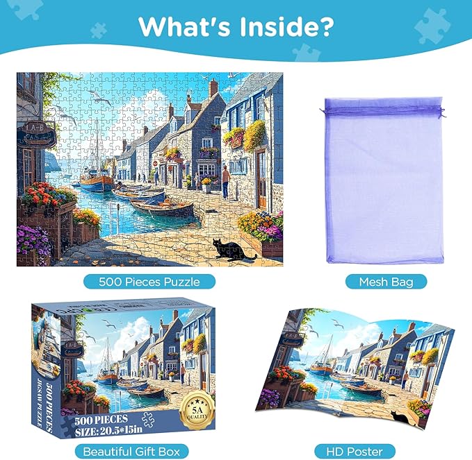 500 Piece Puzzle for Adults, Charming Coastal Village 500 Pieces Jigsaw Puzzles, Seaside Harbor with Cat Puzzle, Perfect for Family Game Night, Ideal Gift for Adults, Kids, Seniors, 20.5 x 15 in