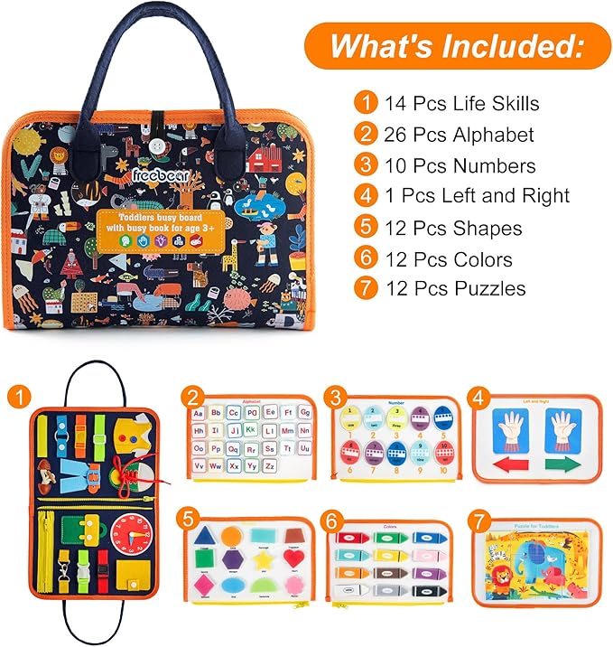 Freebear Busy Board Toddler Travel Toys Sensory Toys for Toddlers 1 2 3 4, Montessori Learning Toys for Toddlers Activities Board, Educational Toys for 3 4 Year Old Boys Girls Gift, Deluxe Classic
