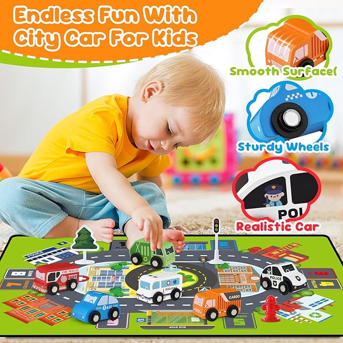 Wooden Cars Toys for Toddler Boy, 22 PCS Cars and Trucks Toy Vehicles Set with Traffic Signs, Playmat, Storage Box, Wood Montessori Toys Cars for Toddlers Baby Boys Kids Birthday Gift Educational Play