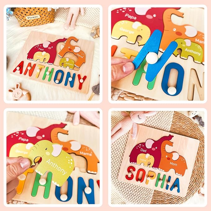 Personalized Baby Name Puzzle | Custom Wooden Baby Toy for Toddlers 1-3 Age 3+ | Montessori Learning Toys for Boys & Girls | Perfect Kids Gift for First Birthdays & Christmas (Elephants)