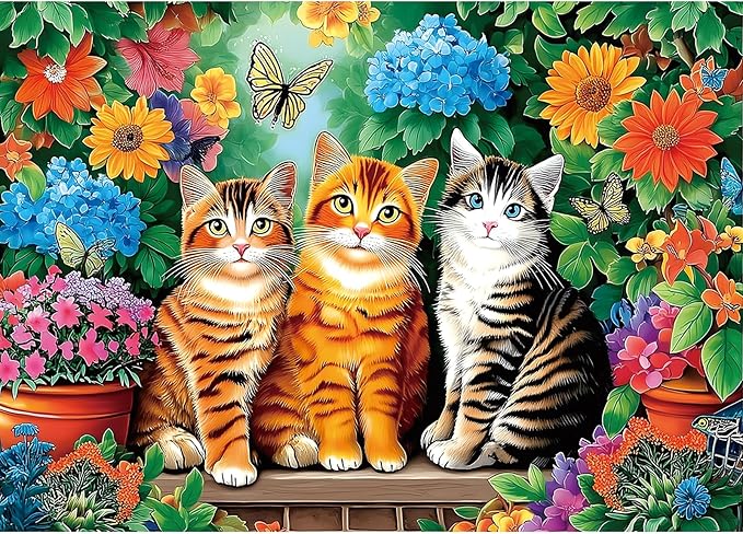 Garden Cats 1000 Piece Jigsaw Puzzle for Adults Colorful Floral Landscape with Butterflies Flowers Cute Fun Kittens Challenging Art Puzzle Home Decor Gift 27.6x19.7