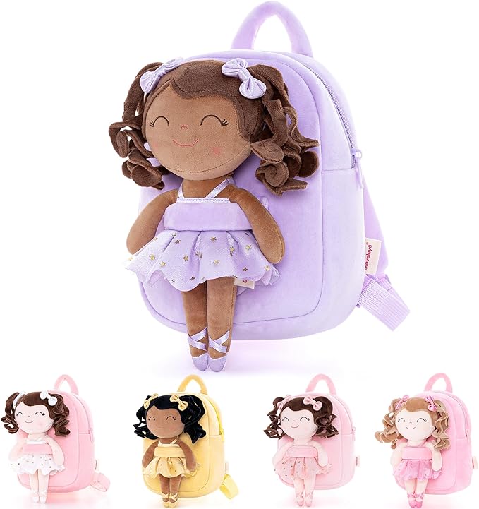 Gloveleya Toddler Backpack Baby Ballerina Girl Gifts Plush Curly Hair Ballet Backpack - Black Purple 9 inches