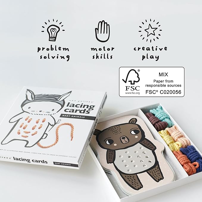 Wee Gallery Baby Animals Lacing Cards, Sewing Board and Travel Game for Toddlers and Preschoolers, Fine Motor Skills Toy, Montessori-Inspired Educational Kids Craft Activity for Ages 3+