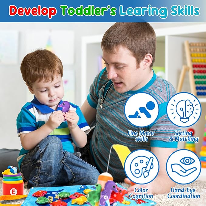 Toddler Toy Montessori Toys for 1 Year Old Boy Girl Birthday Gifts, Cloth Fishing Game for Toddlers 1-3 with Stacking Cups-Number Counting, Shape Learning, Sensory Baby 6-12 Mths