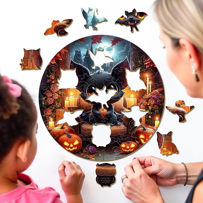 Wooden Puzzles for Kids Ages 4-6 - Halloween Black Bat 50 Pieces Children Puzzles - Large Pieces Kids Puzzle with Unique Shapes - Educational Puzzles for Boys and Girls (11.4 * 11.4 in)