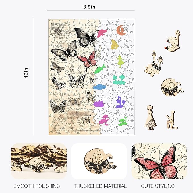 Wooden Puzzles for Adults, Butterfly Jigsaw Puzzles 5MM Thickness,200 Pieces Animal Unique Shape Puzzles with Wooden Box, Family Game Gift Fun Challenging Puzzle for Adults and Kids
