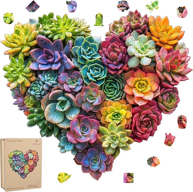 Ruikiyart Wooden Puzzles for Adults, 5MM 200 Pieces Succulent Heart Wooden Jigsaw Puzzles, Plant Unique Shaped Puzzle Gifts for Adults and Kids on Thanksgiving, Family Puzzle Games(12.3"*11")