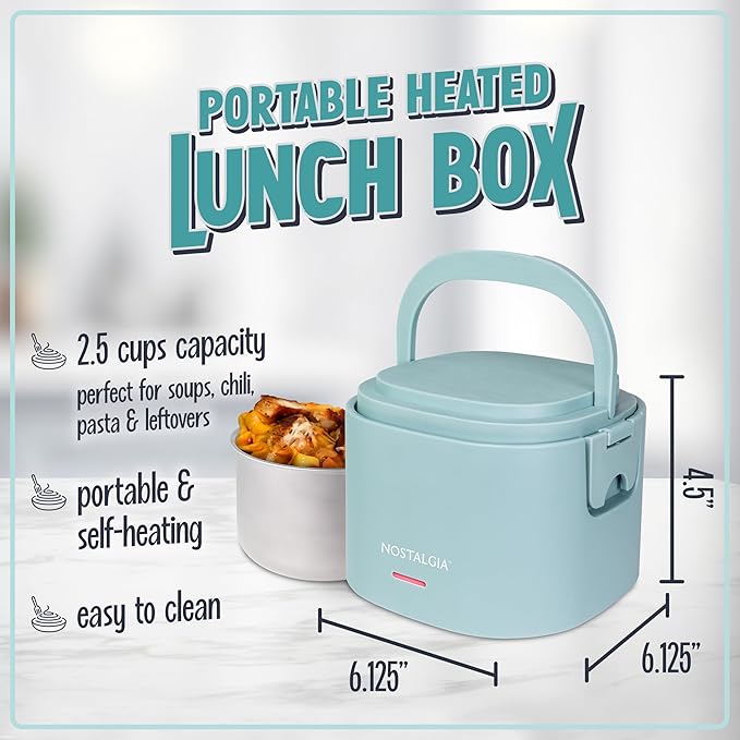 Nostalgia Portable 20-Ounce Electric Heated Lunch Box – Travel Size 2.5 Cup Capacity for Soup, Chili, and Leftovers – Leak Proof Silicone Sealed Lid, Foldable Carry Handle, Detachable Cord – Chambray