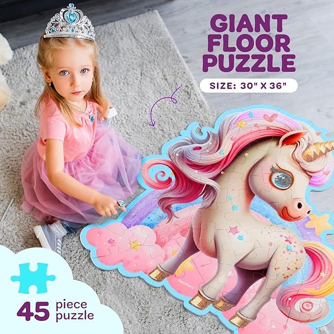 Dan&Darci Jumbo Shimmery 45-Piece Unicorn Floor Puzzle for Kids Ages 3-6 Years Old- Large Toddler Puzzles Age 3, 4, 5, 6 Year Olds - Easter Toys for Girls - Little Girl Birthday Gift