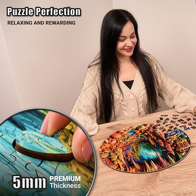 LEOGOR Wooden Jigsaw Puzzles for Adults 500 Pieces (18x17.9 in), Large High End Round 3D Vision Cave Puzzle with Mosaic Shapes, Thick 5mm Wood, Difficult Brain Teaser, Premium Puzzle Gifts for Adults