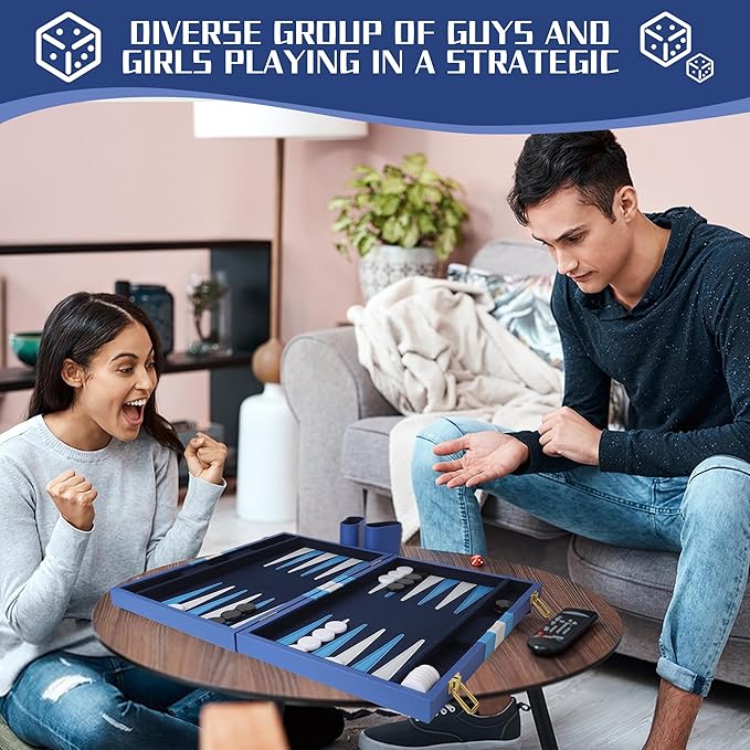 Froggod 15 inch Backgammon Sets for Adults - Classic Board Game for Adults - Portable Travel Backgammon Set for 2 Players - Perfect Adult Board Games for Gifts & Family Fun(Vivid Blue)