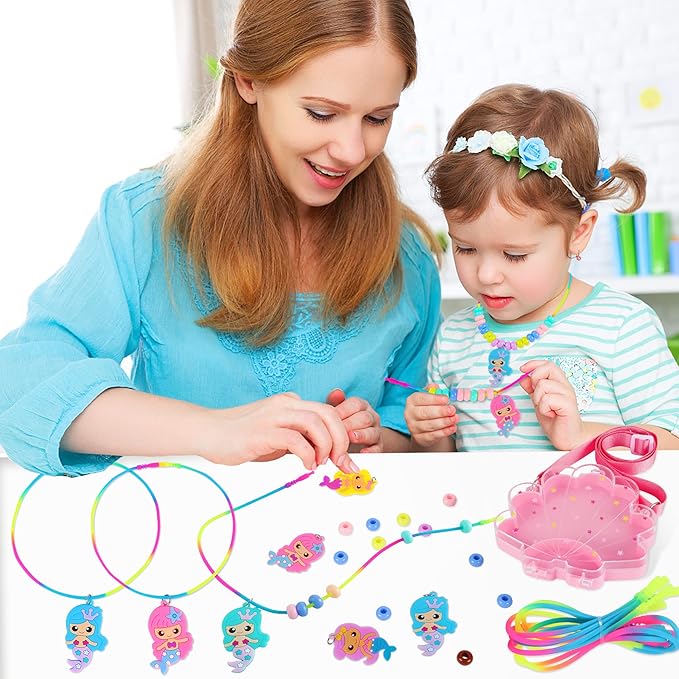 FLYINGSEEDS Mermaid Necklace Making Kit for Little Girls, Beads Jewelry Toys with Shoulder Box, Beaded Arts and Crafts Best Gifts for Toddlers Kids Age 3-5 4-6 7 8 9 10