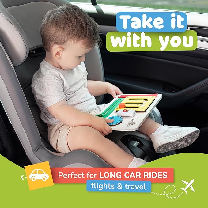 deMoca Montessori Busy Board for 1 Year Old, Premium Wooden Baby Busy Board, Airplane Toys for Toddlers 1-3, Car Travel Essential, Gift for Boys & Girls