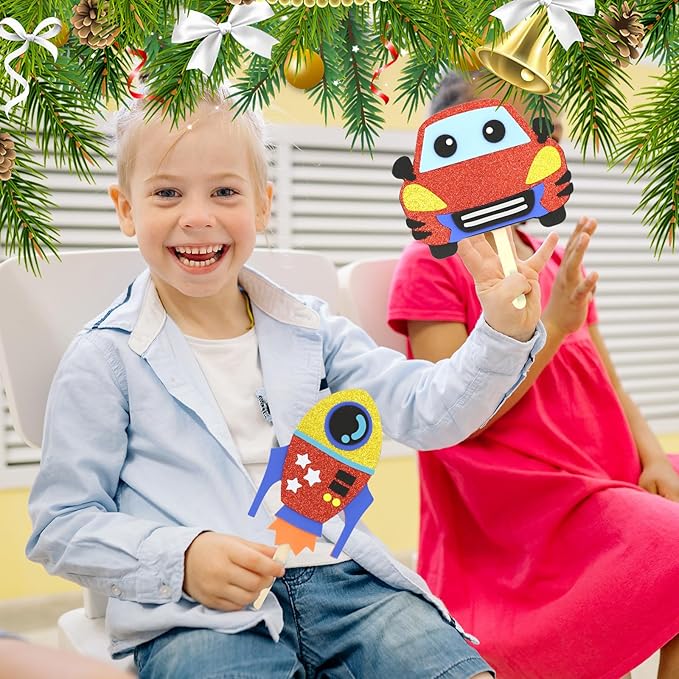VKPI Make 6 Popstick Puppets Craft Kit for Kids, Foam Art Crafts Gift, Story Time Toys for Ages 4+ Toddler, Cars, Astronaut, Rocket, Spacecraft, Preschool Projects Game Craft, Birthday Party Favor