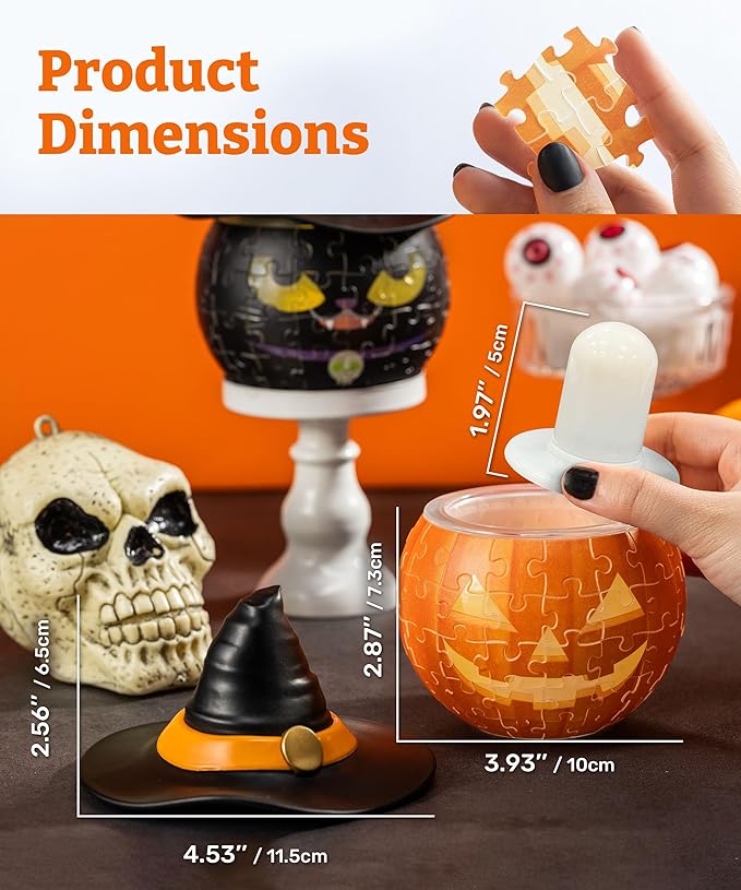 PieceRelax Halloween 3D Puzzle Candle Light 80 Pieces - LED Jack O’ Lantern - Rechargeable Plastic Pumpkins for Indoor & Outdoor Spooky Decorations, Magic Cat [KL1075]