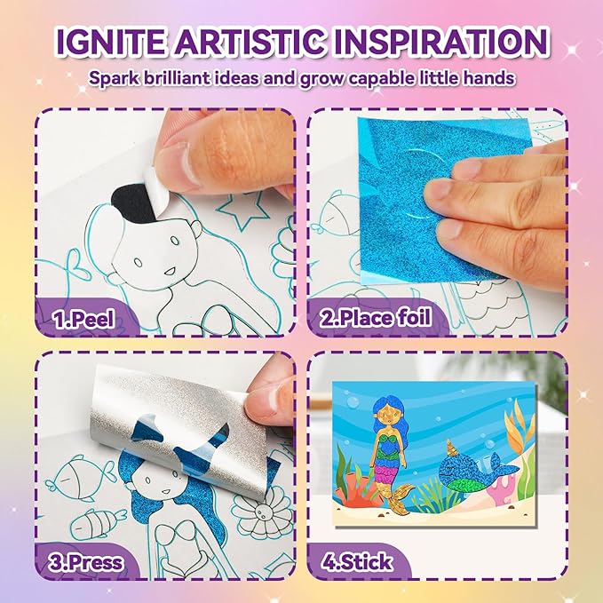 ATFUNSHOP Magical Foil Art Princesses Unicorn Mermaid & Fairy - No Mess Foil Craft Kit for Kids Ages 4 5 6 7 8 9 Fun Creative DIY Activity, Ideal Birthday Gift for Girls