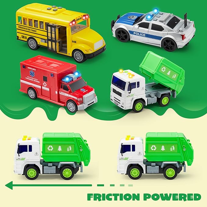 JOYIN 4 Pcs 7" Long Vehicle Toy Set, Toddlers Cars with Lights and Siren Sound, Including Play Police Car, School Bus, Garbage Truck, Ambulance, Birthday Party Gifts Toys for Boys 3-5