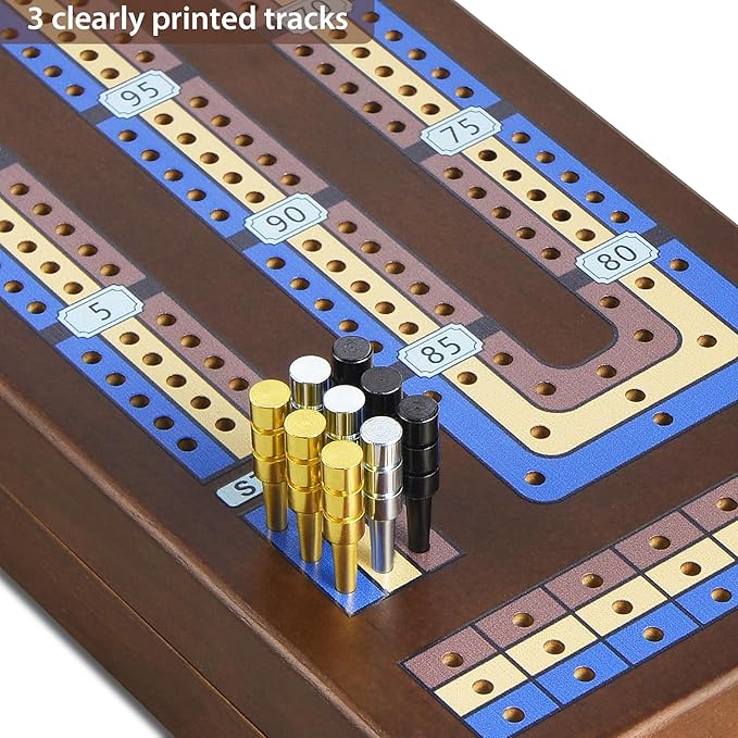 Foldable Wooden Cribbage Board Game Set, Portable Travel 3 Track Cribbage Board with Magnetic Closure,9 Metal Pegs,A Deck of Cards - Family Board Games for Kids and Adults
