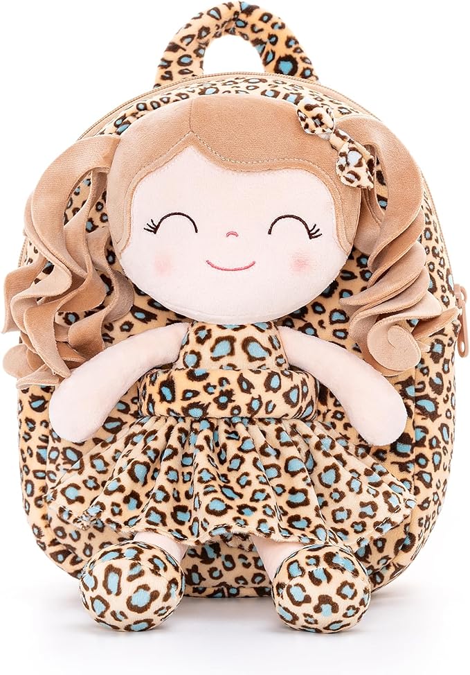 Gloveleya Toddler Backpack Baby Girl Gifts Curly Hair Plush Figures Dress Backpack Kids Backpack Curly Hair Spring Girl - White Leopard 9inches