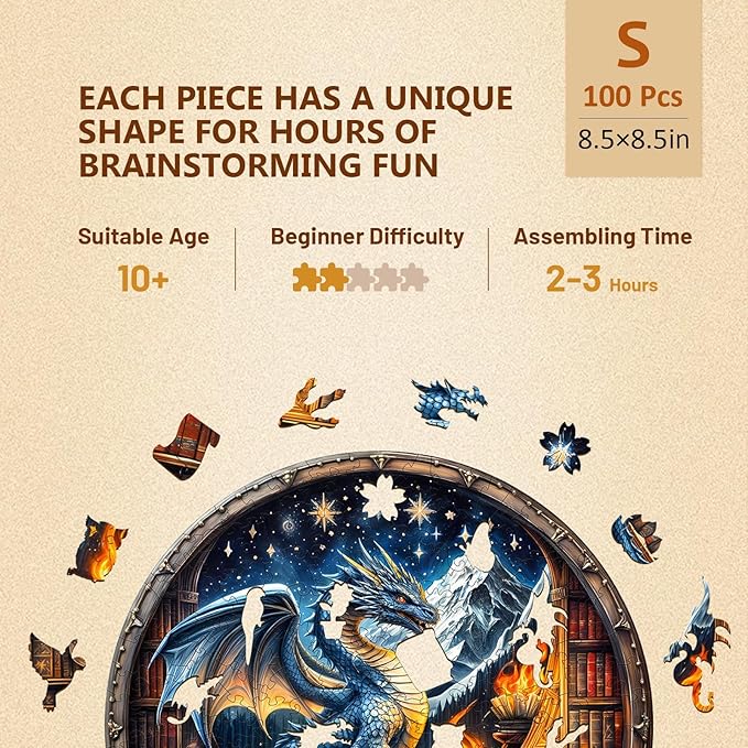 Wooden Jigsaw Puzzles for Adults, Snowy Library Dragon Wood Puzzles Adult, Wooden Puzzles for Adults, Unique Shape, Fun Gifts for Friends & Family, Home Decor(S -8.5 * 8.5in-100 pcs)