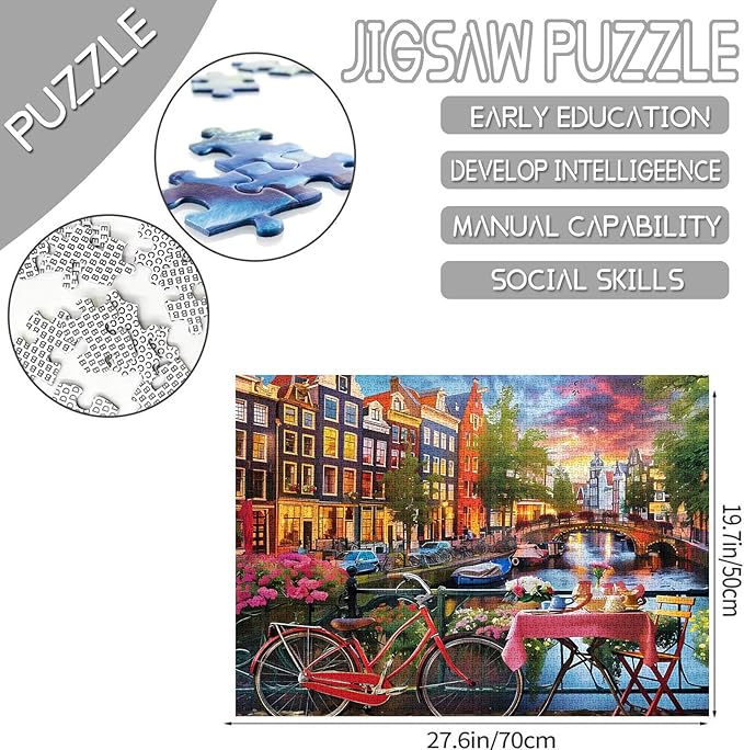 River City Scenery Jigsaw Puzzle，Bike Flowers vScenery 1000 Pieces Jigsaw Puzzles for Adults，27 x 20 Inches Puzzles for Family，HD Quality Puzzle Gift，Family Activity Perfect for Game Night