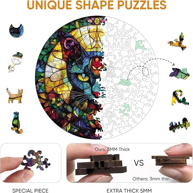 delobil Wooden Puzzles for Adults, Glass Cat Jigsaw Puzzles 200 Pieces, 16.5x11.2in, Unique Shaped Cool Reptile Animal Wood Adult Puzzle, Best Gifts for Adults and Kids Family Game
