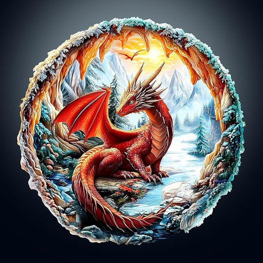 KAAYEE Wooden Puzzles for Adults, 3D Visual Effect Cave Dragon Wooden Jigsaw Puzzle Unique Shape Wood Puzzle Adult, 3D Effect Flat Puzzle Birthday Family Games (M-11.4 * 11.4 in-195pcs)