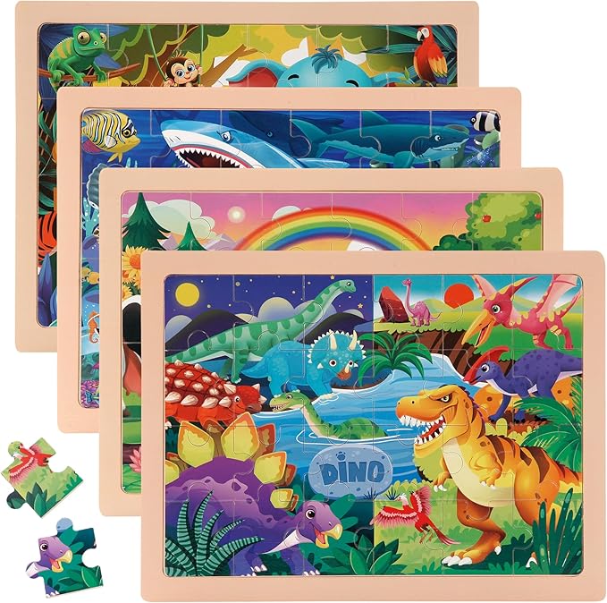 24PCS Wooden Puzzles for Kids Ages 4-6, 4 in 1 Box, Preschool Educational Toys Birthday Gifts Puzzles for 3 4 5 6 7 8 Year Old Boy Girls, Animal