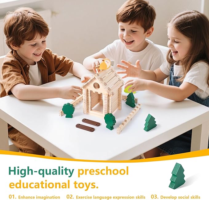Wooden Building Blocks Wooden Building Blocks Construction Set Preschool Learning Montessori Toys Construction City Stacking Toys for Kids Ages 3-8 Birthday Gift (Log Color)