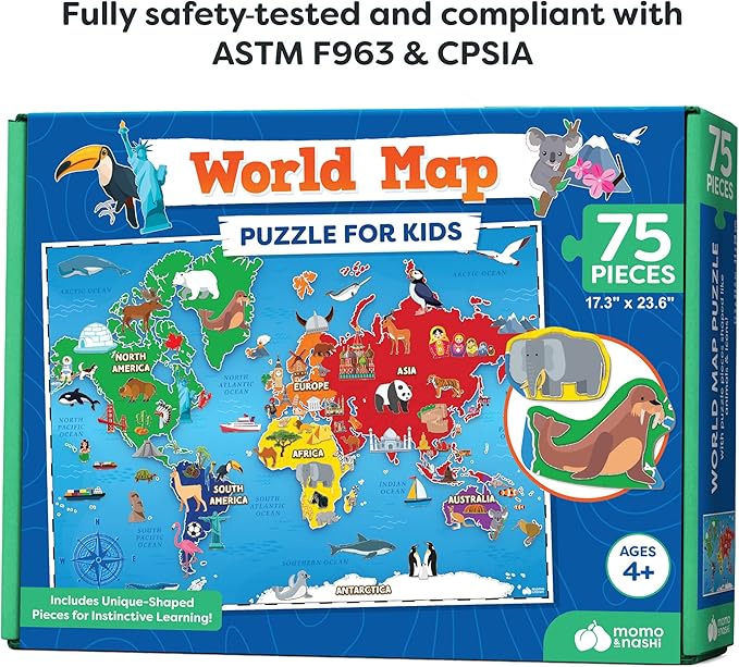 World Map Puzzle for Kids - 75 Piece - World Puzzles with Continents - Childrens Jigsaw Geography Puzzles for Kids Ages 4-8, 5, 6, 7, 8-10 Year Olds - Puzzle Maps Educational Toys for 4+ Year Old