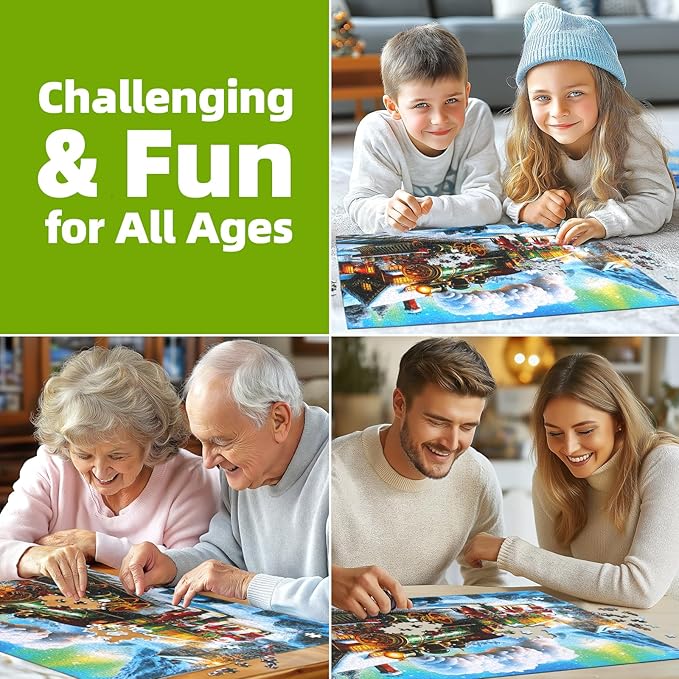 Christmas Puzzles for Adults 1000 Pieces Winter Train Town Jigsaw Puzzles for Adult Puzzles 1000 Pieces with Letters on Back Challenging Holiday Family Puzzle Gifts for Women Men Seniors