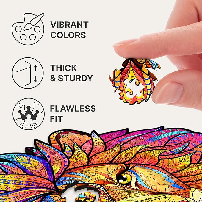 UNIDRAGON Wooden Puzzles for Adults Unique Jigsaw Puzzles - King Size Mysterious Lion Big 12.2" х15.7 327 PCS Deko with Cut 0.03 mm Wood Accuracy Animal