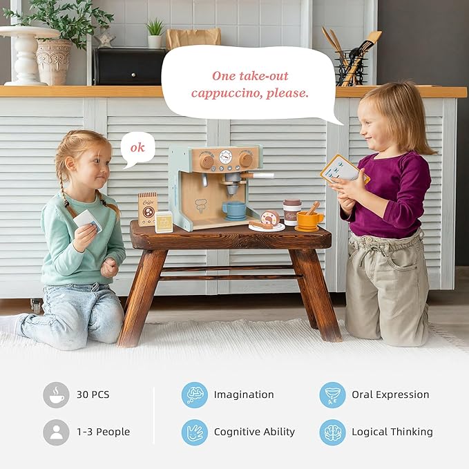OOOK 2-in-1 Kids Wooden Toy Coffee Maker Playset, Toddler Pretend Play Kitchen Food Small Coffee Shop with 28 Pcs Play Kitchen Accessories for Girls & Boys