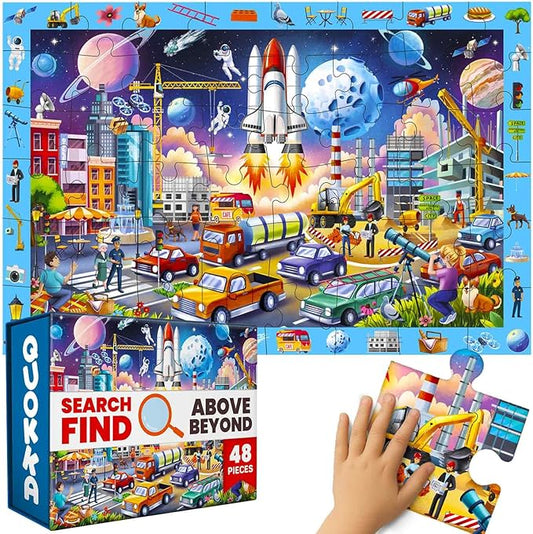 QUOKKA Floor Puzzles for Kids Ages 4-8 – 2x3 FT Giant Search and Find Educational Jigsaw – 48 Large Pieces – Above and Beyond Observational Scene – Fun Montessori Learning Activity with Gift Box