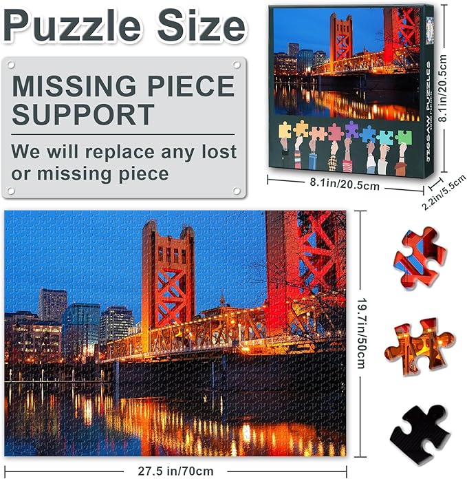 Jigsaw Puzzles - 1000 Piece Puzzle for Adults Downtown Sacramento, California, Tower Bridge Challenging Puzzles for Adults (27.5"x19.7"), Family Game Night Gift (Landscape Series)