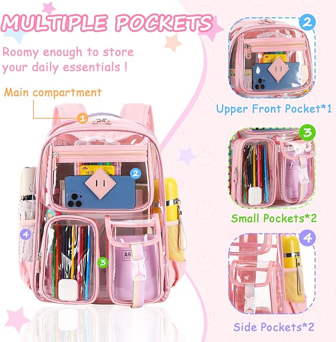 Clear Backpack for School,Heavy Duty PVC Transparent Bookbag for Girls Stadium Approved See Through Backpack